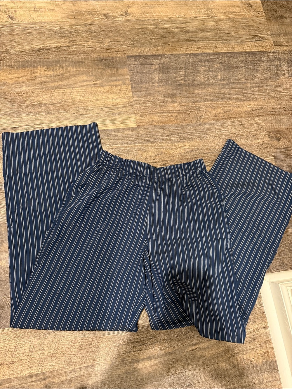 Monrow Navy Blue Pinstriped Wide Leg Pants